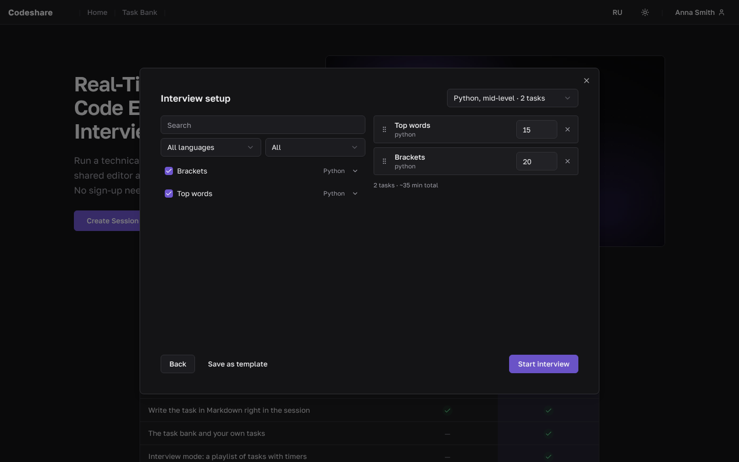 Building an interview in CodeShare: a playlist of timed tasks and a template picker