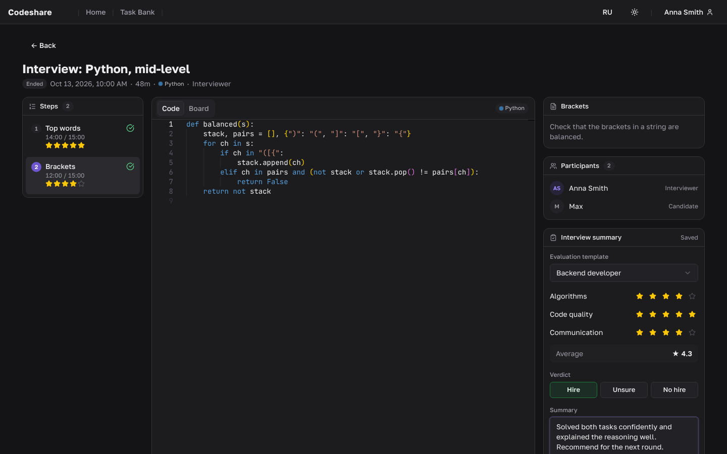 An interview result in history: code per task, scores and the final verdict